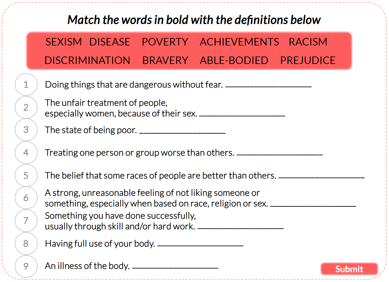 Reading Practice, Drag and drop Interactive, Match the word with the definitions